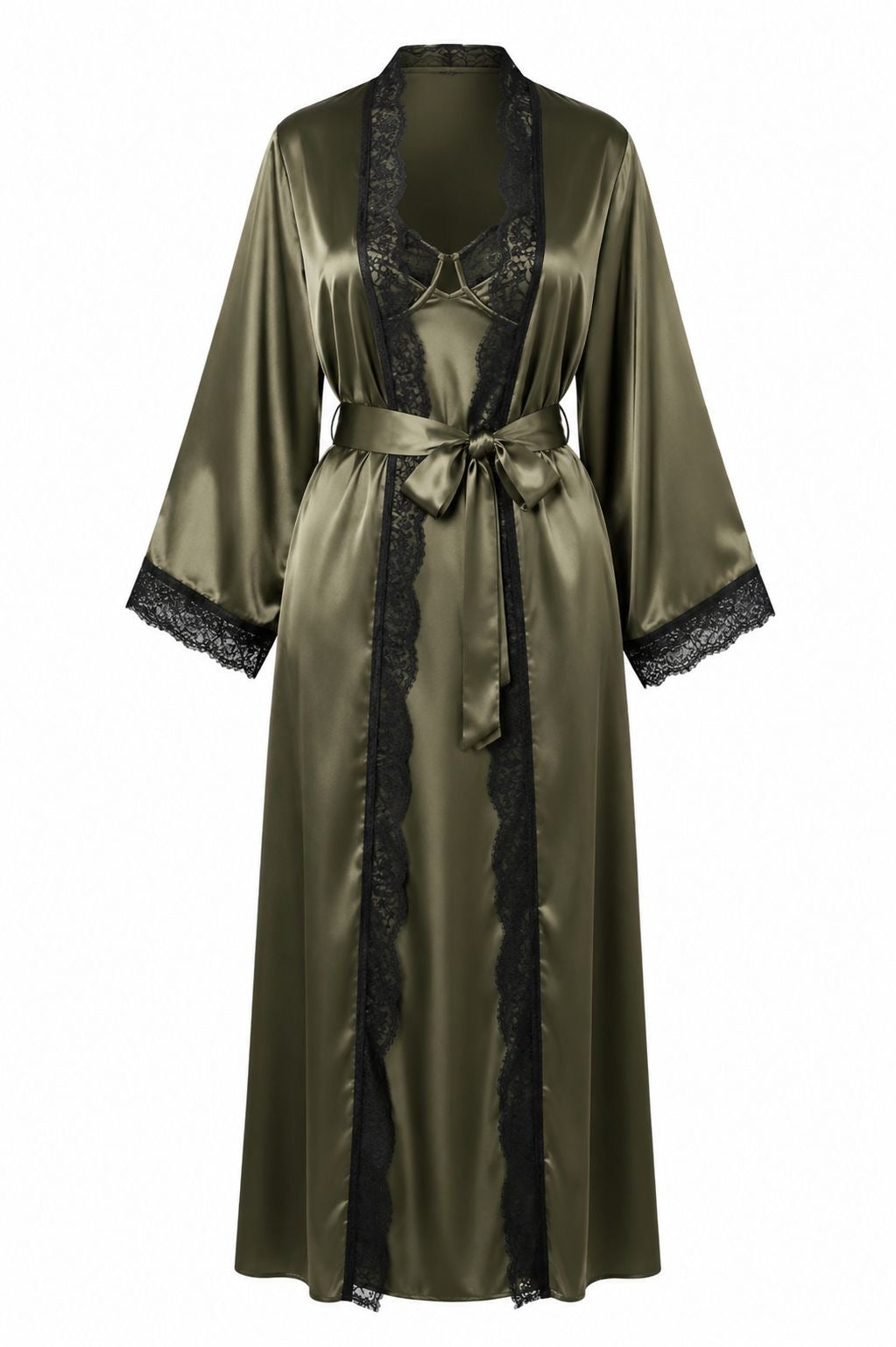 طقم روب وفستان حرير توت بدانتيل فاخر بحشوة| Silk Robe & Dress Set