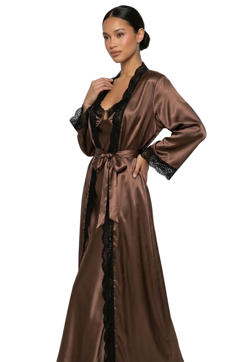 طقم روب وفستان حرير توت بدانتيل فاخر بحشوة| Silk Robe & Dress Set