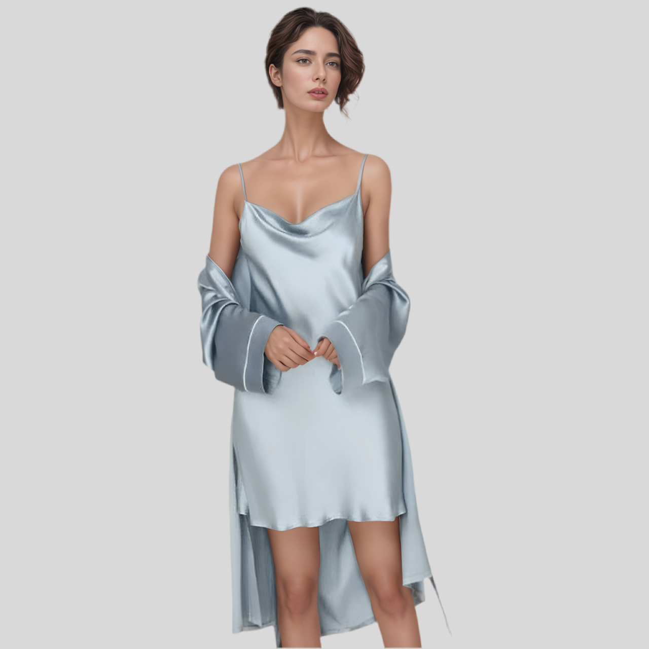 فستان حريري قصير مع روب فاخر من حرير التوت الطبيعي – (22 Momme – Grade 6A