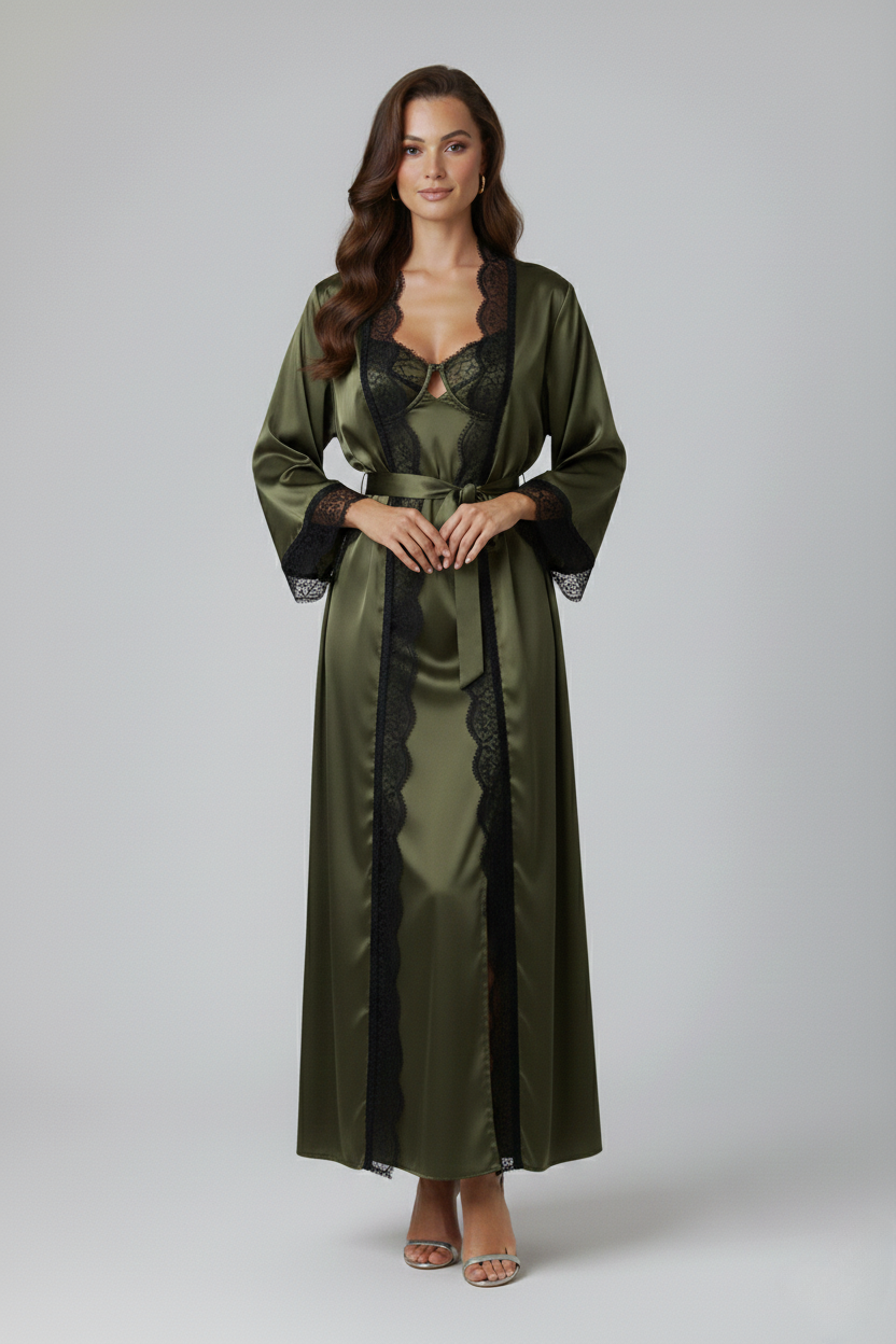 طقم روب وفستان حرير التوت بدانتيل فاخر| Silk Robe & Dress Set