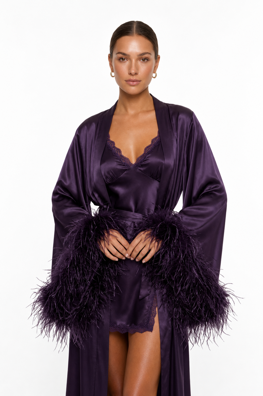 طقم روب وفستان حرير توت بريش ودانتيل فاخر - Grade 6A | Luxury Silk Robe & Dress Set with Fur