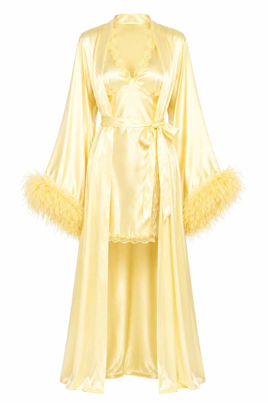 طقم روب وفستان حرير توت بريش ودانتيل فاخر - Grade 6A | Luxury Silk Robe & Dress Set with Fur
