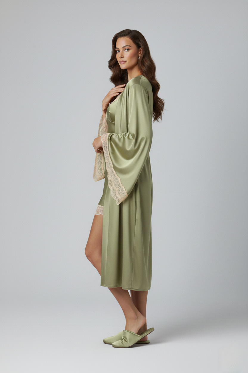 طقم روب وفستان حرير توت بدانتيل فاخر - Grade 6A | Silk Robe & Dress Set