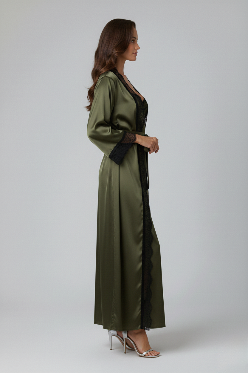 طقم روب وفستان حرير التوت بدانتيل فاخر| Silk Robe & Dress Set