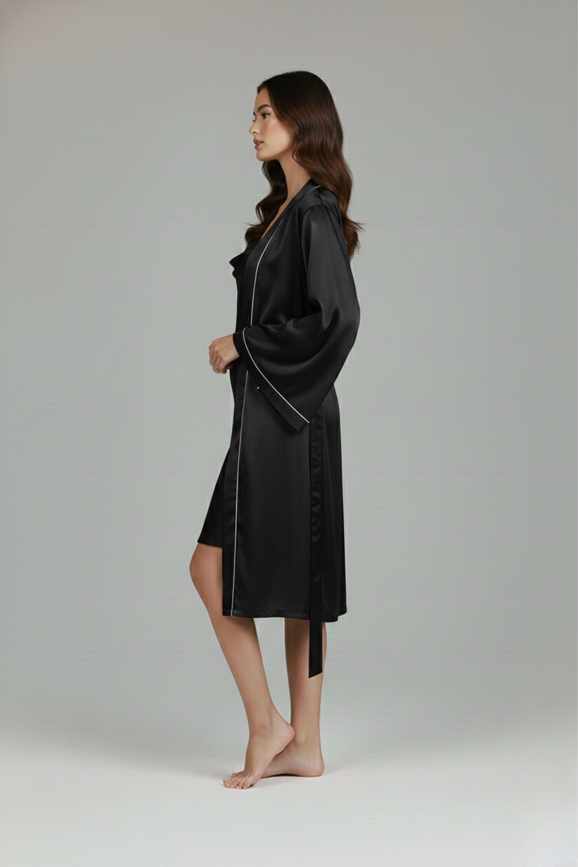 فستان حريري قصير مع روب فاخر من حرير التوت الطبيعي – (22 Momme – Grade 6A)