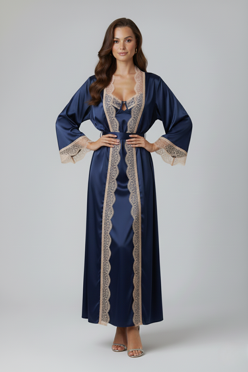 طقم روب وفستان حرير التوت بدانتيل فاخر| Silk Robe & Dress Set