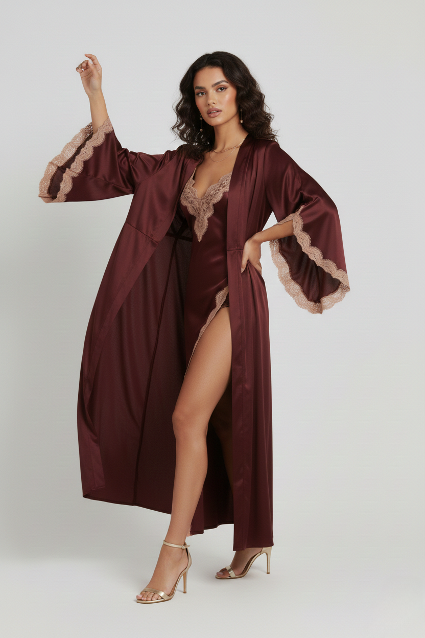 طقم روب وفستان حرير التوت بدانتيل فاخر - Grade 6A | Luxury Silk Robe & Dress Set