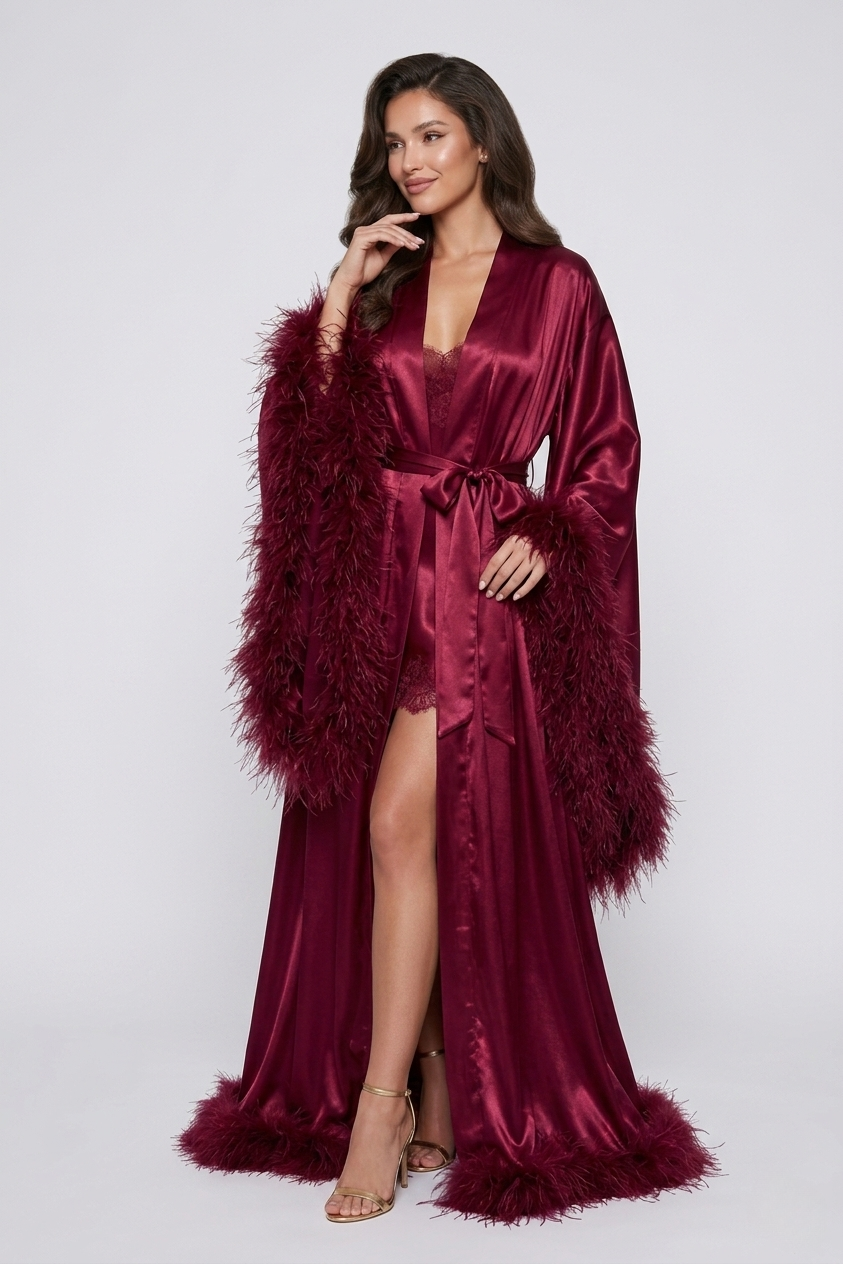 Luxury Mulberry Silk Robe and Dress Set with Feathers