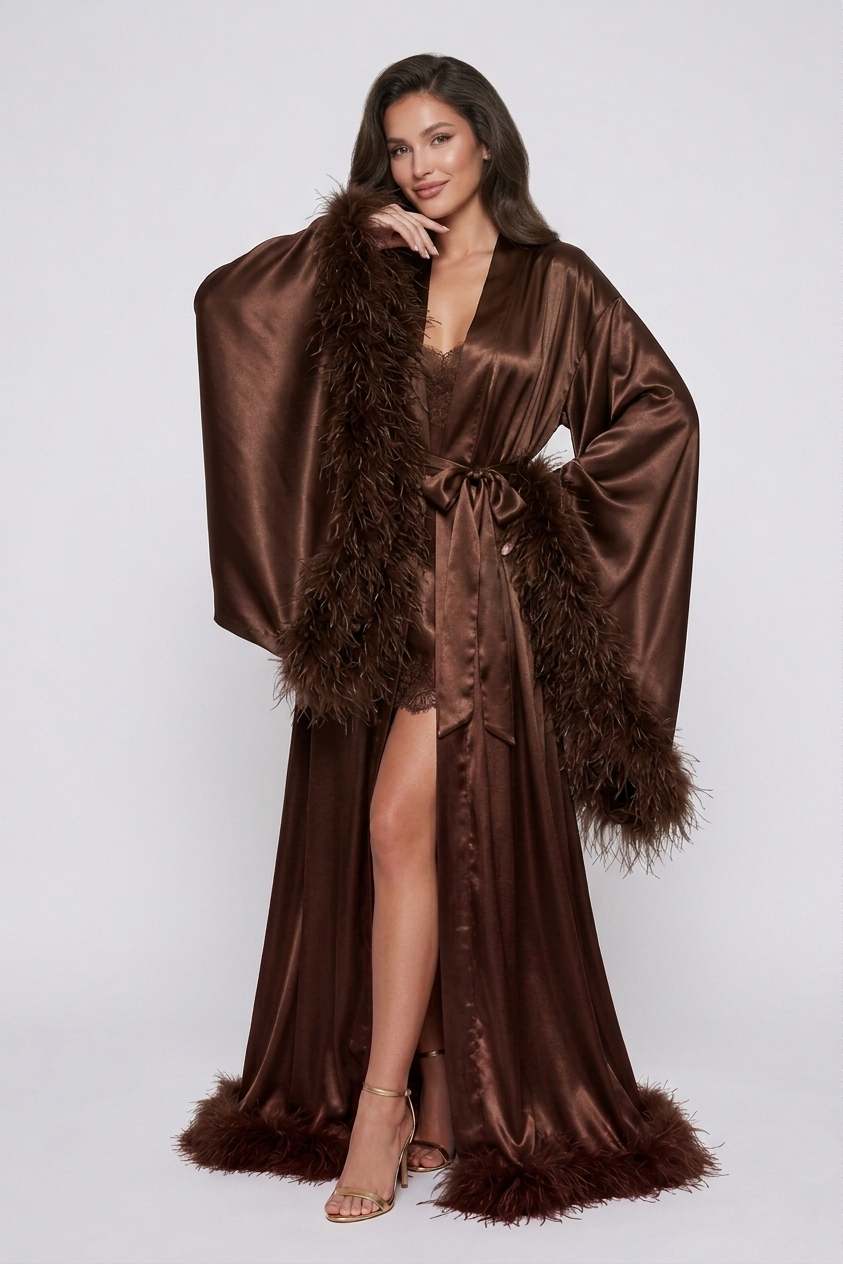 Luxury Mulberry Silk Robe and Dress Set with Feathers