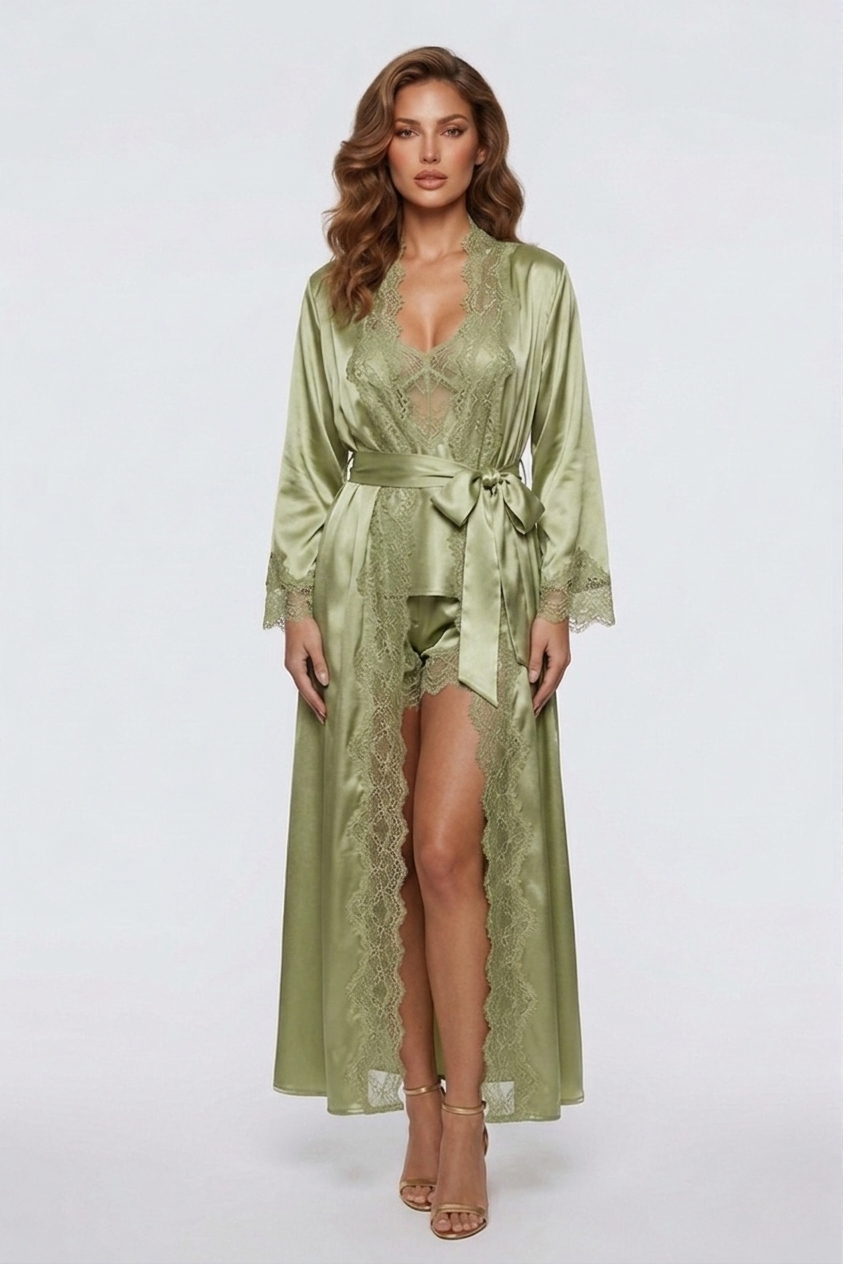 طقم روب حرير التوت بدانتيل فاخر - Grade 6A | Silk Lace Set