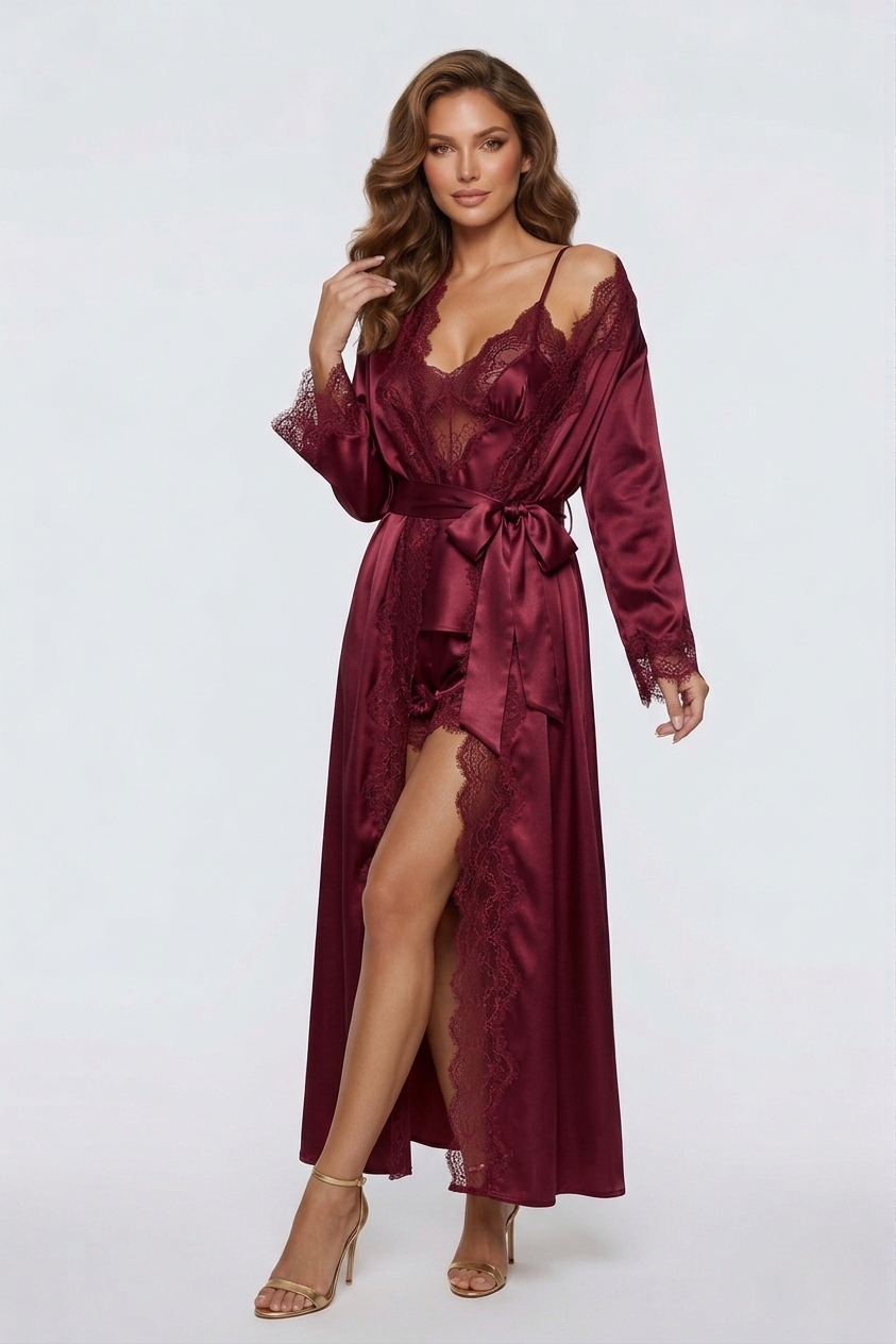 طقم روب حرير التوت بدانتيل فاخر - Grade 6A | Silk Lace Set