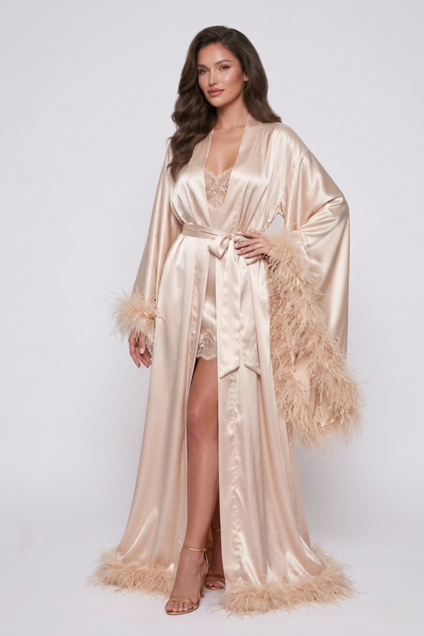 Luxury Mulberry Silk Robe and Dress Set with Feathers