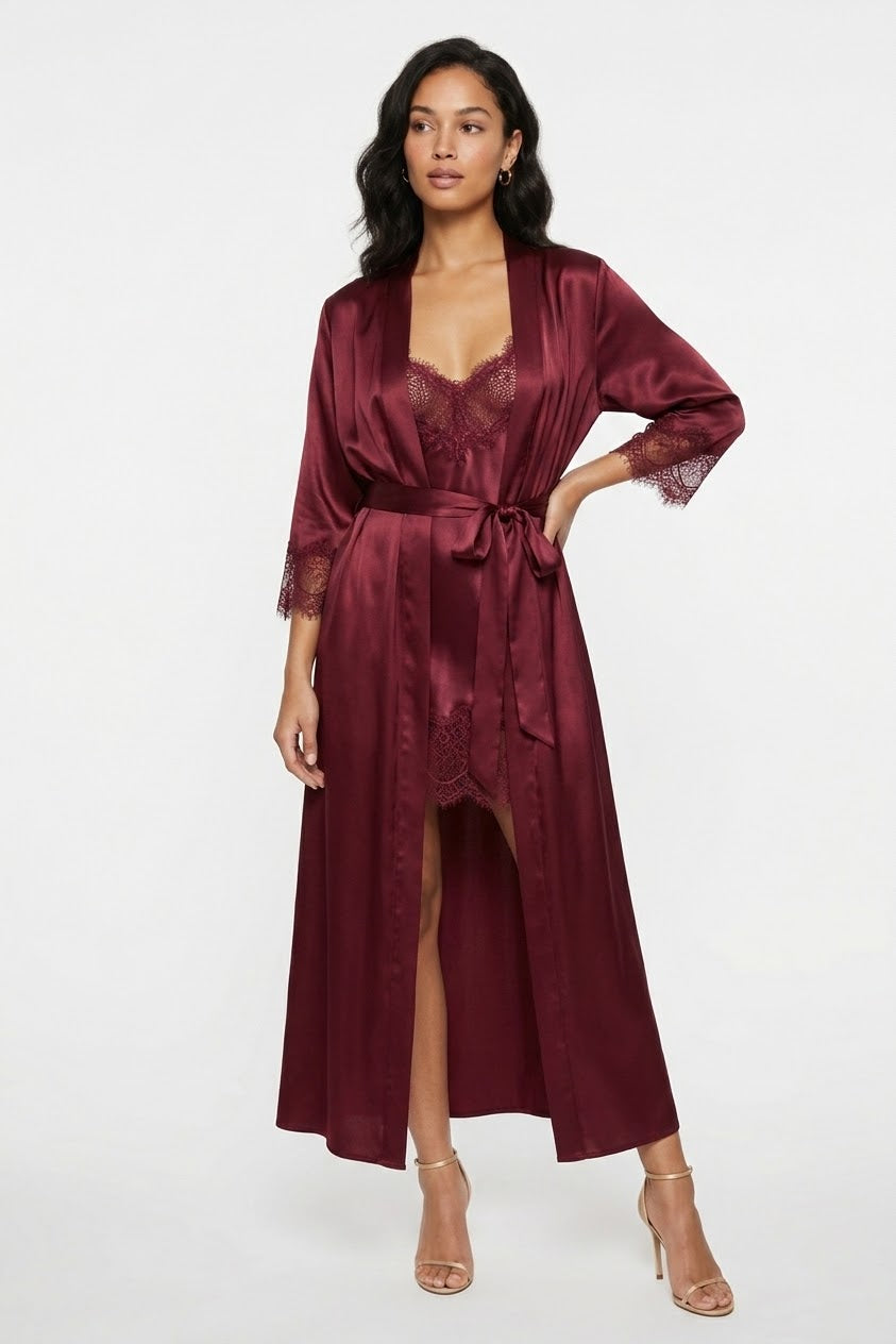 فستان نوم حرير توت مع روب دانتيل - Grade 6A | Silk Nightgown & Robe Set