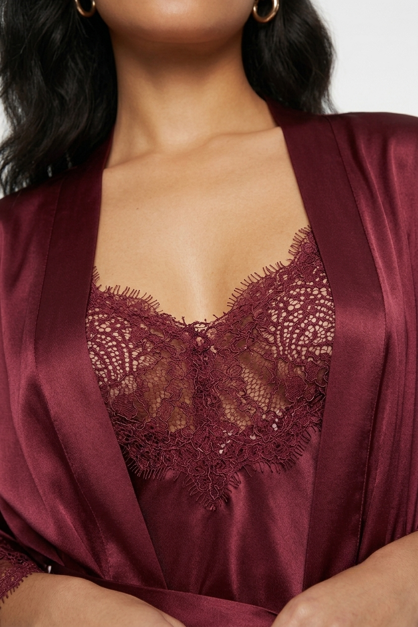فستان نوم حرير توت مع روب دانتيل - Grade 6A | Silk Nightgown & Robe Set
