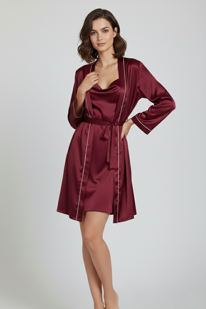 فستان قصير مع روب حرير توت فاخر - Grade 6A | Silk Short Dress & Robe Set