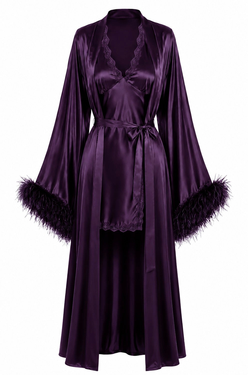 طقم روب وفستان حرير توت بريش ودانتيل فاخر - Grade 6A | Luxury Silk Robe & Dress Set with Fur
