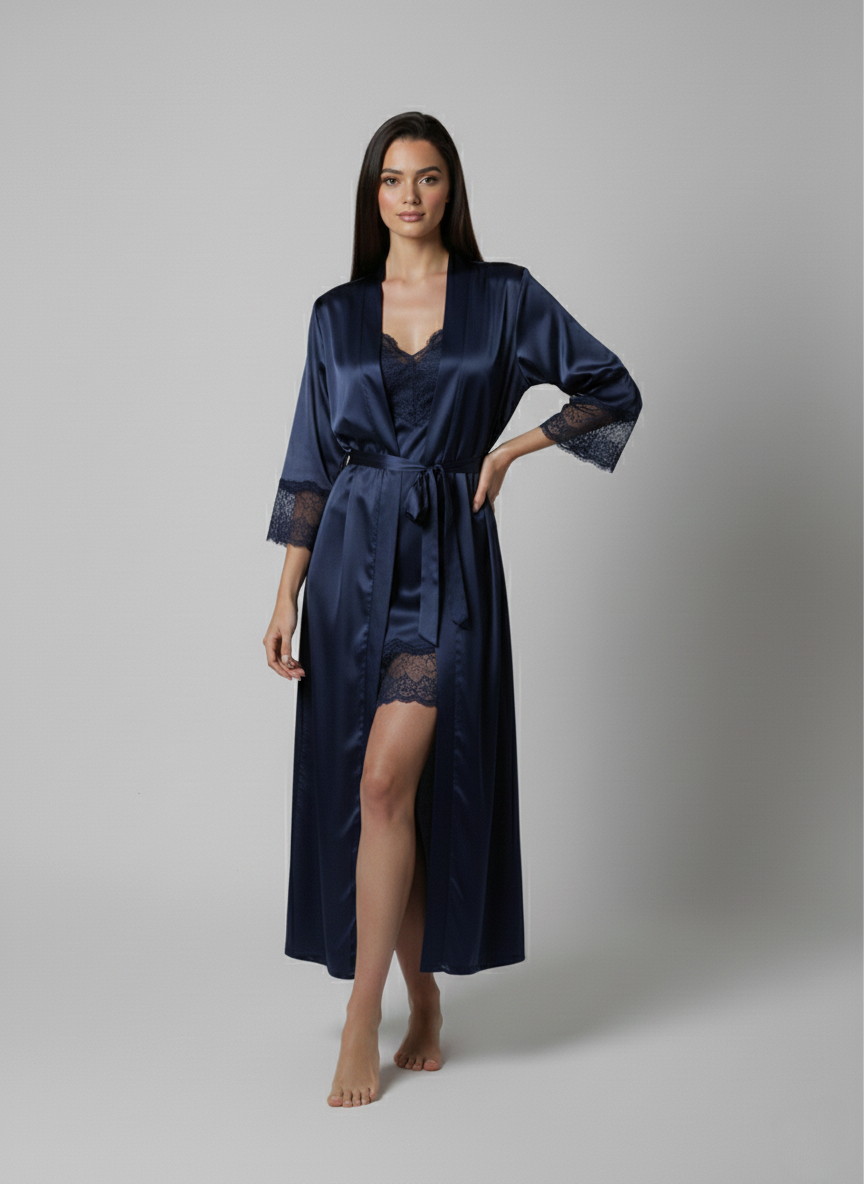 فستان نوم حرير توت مع روب دانتيل - Grade 6A | Silk Nightgown & Robe Set