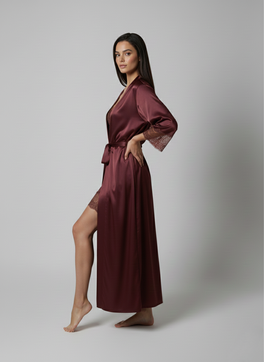 فستان نوم حرير توت مع روب دانتيل - Grade 6A | Silk Nightgown & Robe Set