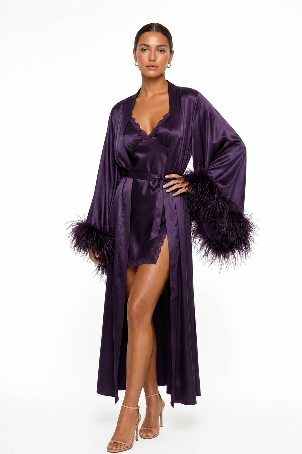 طقم روب وفستان حرير توت بريش ودانتيل فاخر - Grade 6A | Luxury Silk Robe & Dress Set with Fur