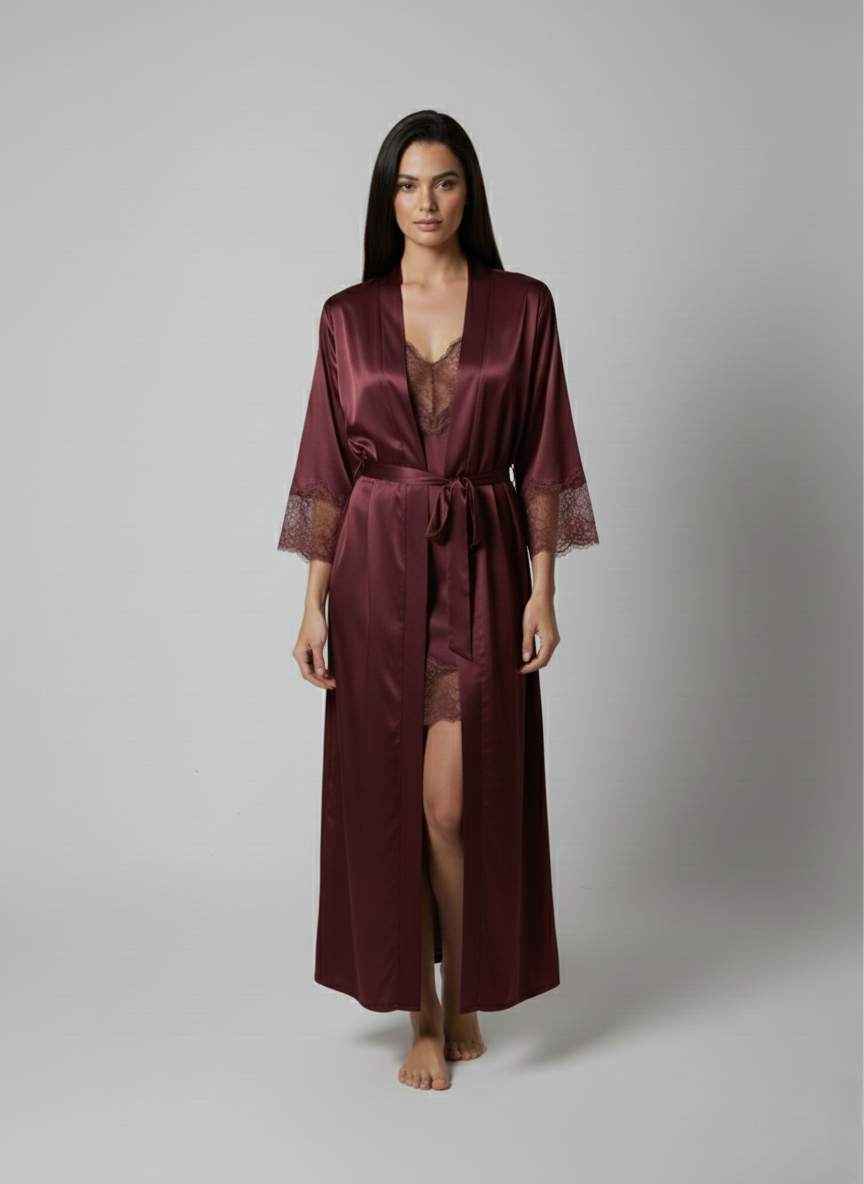 فستان نوم حرير توت مع روب دانتيل - Grade 6A | Silk Nightgown & Robe Set