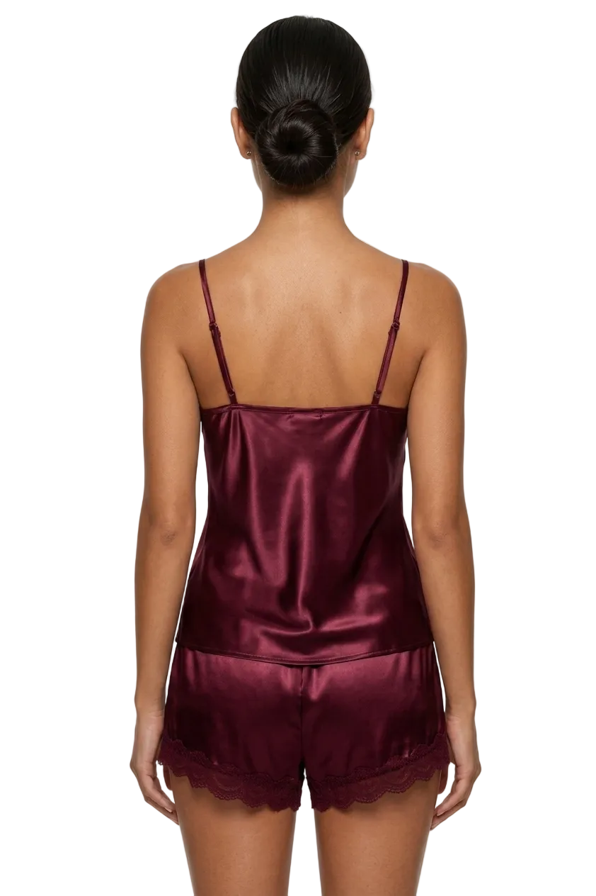 بيجامة حرير توت بدانتيل - حمالات وشورت Grade 6A | Silk Lace Cami Set