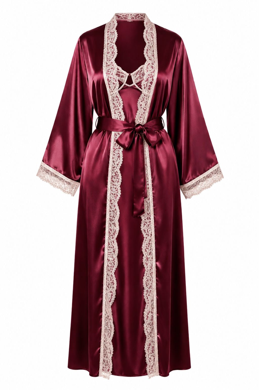 طقم روب وفستان حرير توت بدانتيل فاخر بحشوة| Silk Robe & Dress Set