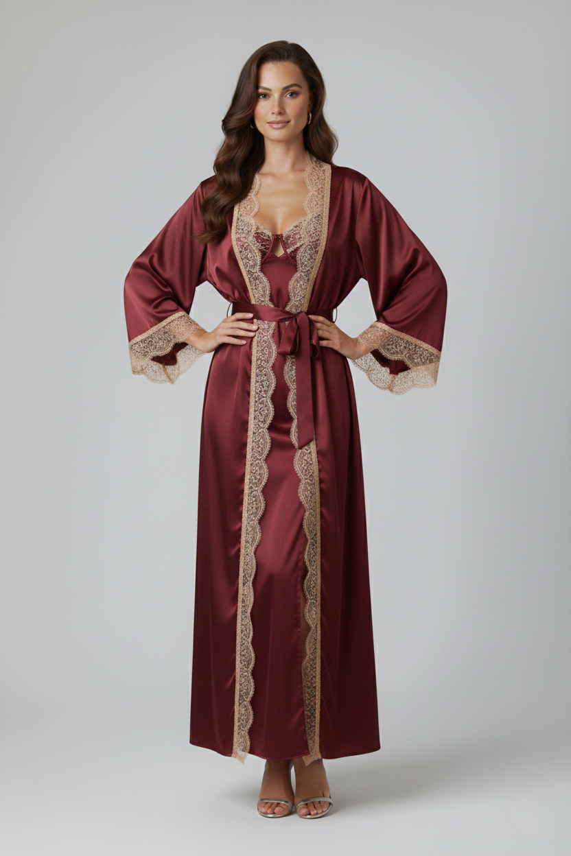 طقم روب وفستان حرير توت بدانتيل فاخر بحشوة| Silk Robe & Dress Set