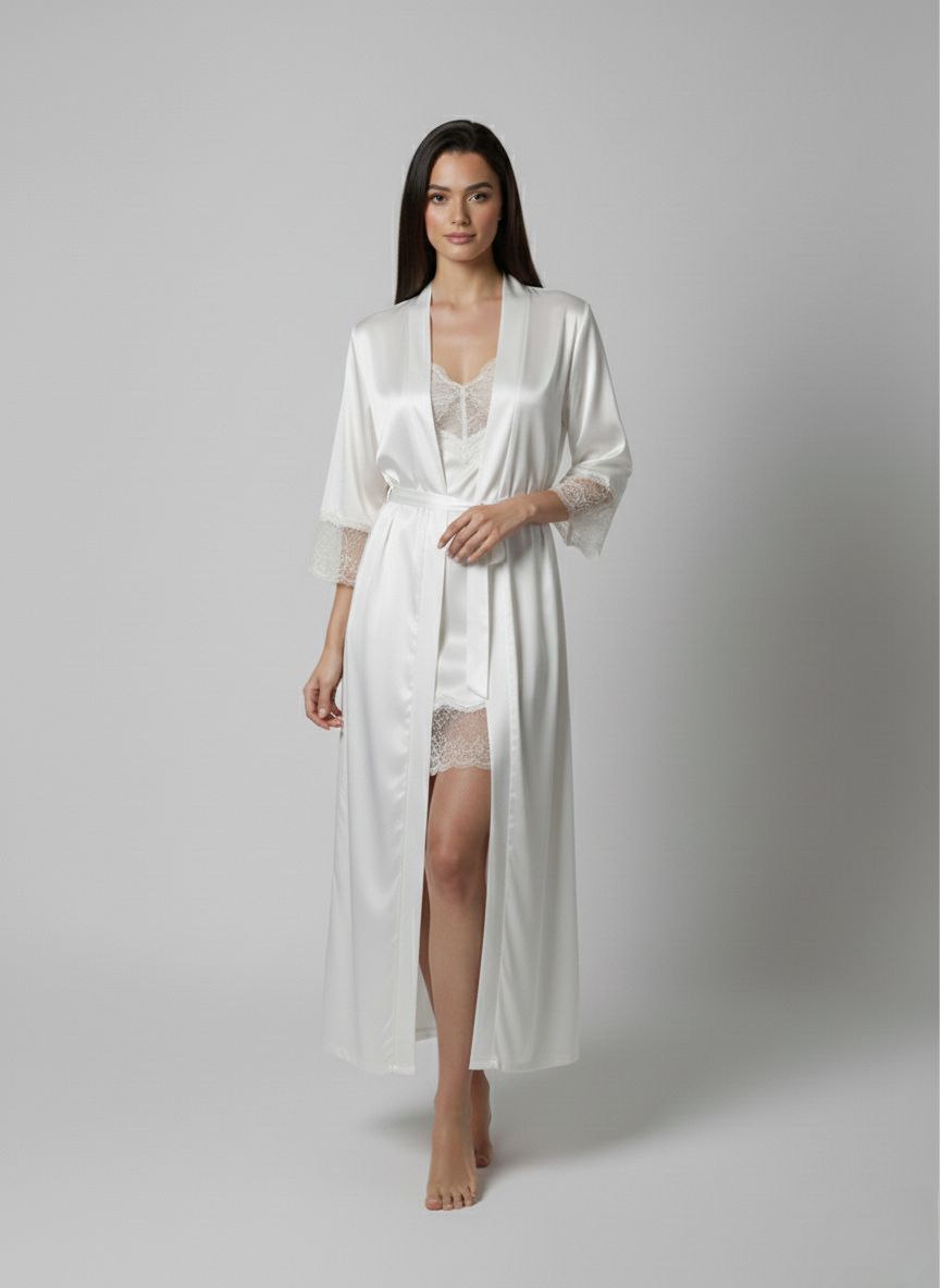 فستان نوم حرير توت مع روب دانتيل - Grade 6A | Silk Nightgown & Robe Set