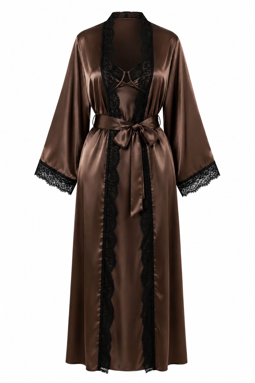 طقم روب وفستان حرير توت بدانتيل فاخر بحشوة| Silk Robe & Dress Set