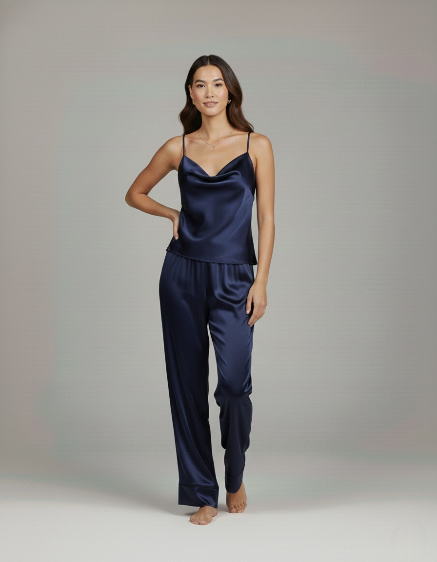 طقم بيجامة حرير توت - حمالات وبنطال طويل Grade 6A | Silk Cami & Pants Set