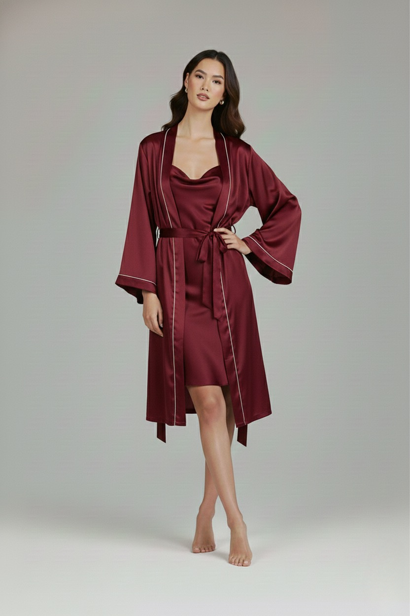 فستان قصير مع روب حرير توت فاخر - Grade 6A | Silk Short Dress & Robe Set