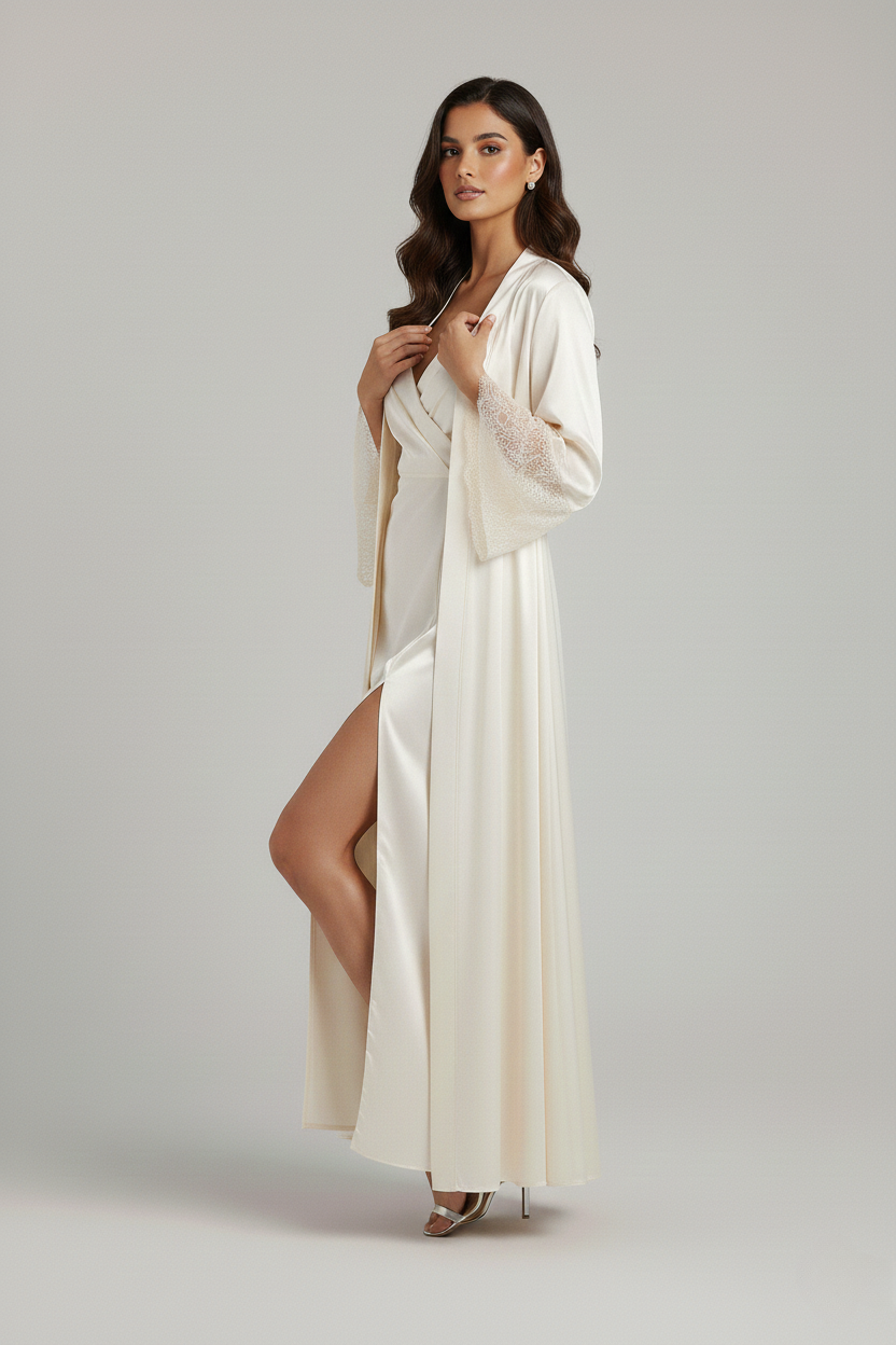 طقم فستان طويل مع روب دانتيل - حرير توت Grade 6A | Silk Dress & Robe Set