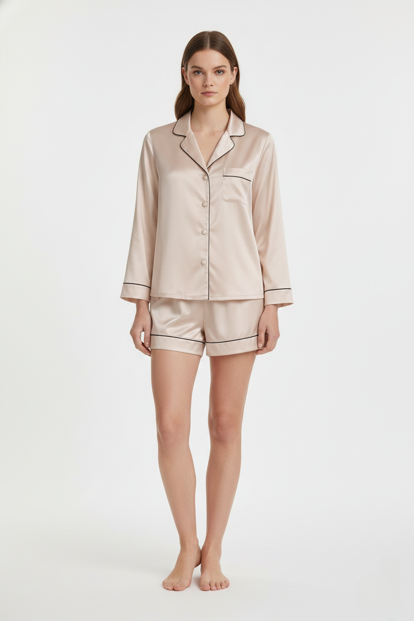 طقم بيجامة قصير حرير توت فاخر - Grade 6A | Silk Short Pajama Set