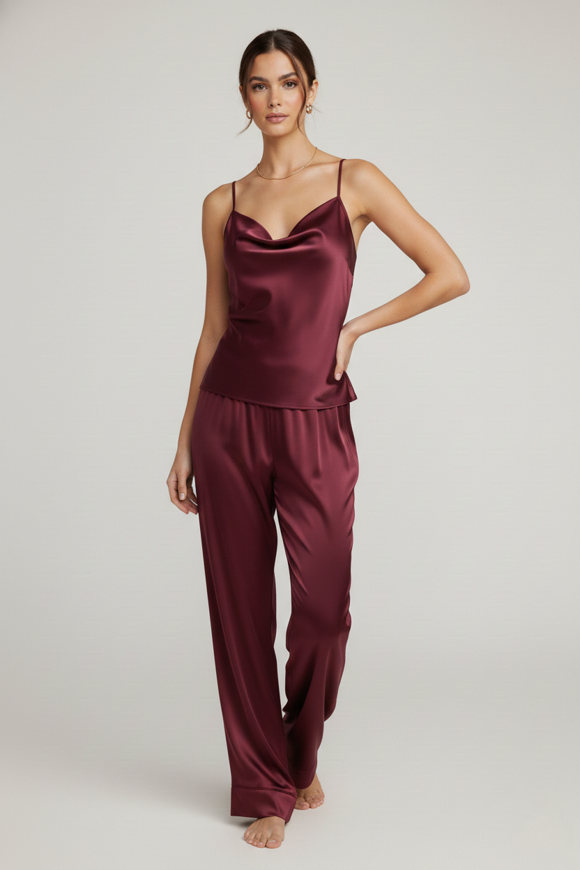 طقم بيجامة حرير توت - حمالات وبنطال طويل Grade 6A | Silk Cami & Pants Set