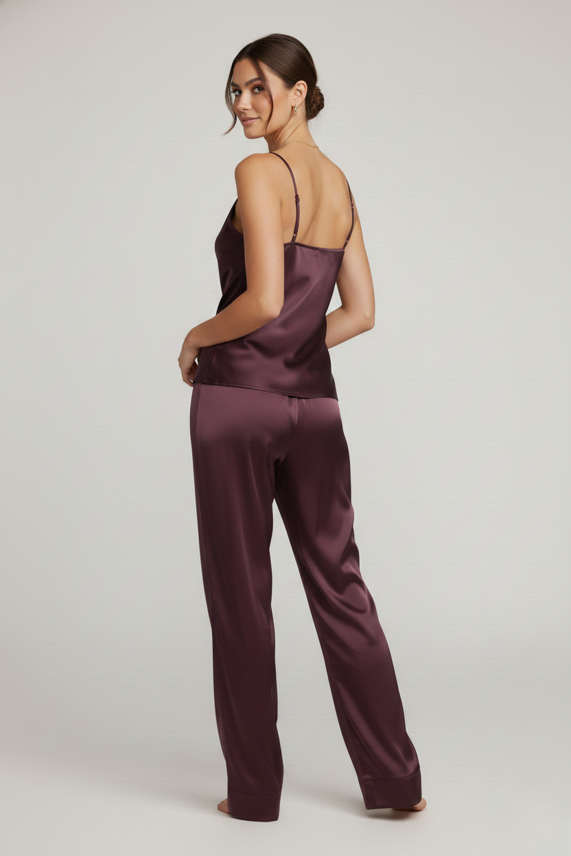 طقم بيجامة حرير توت - حمالات وبنطال طويل Grade 6A | Silk Cami & Pants Set