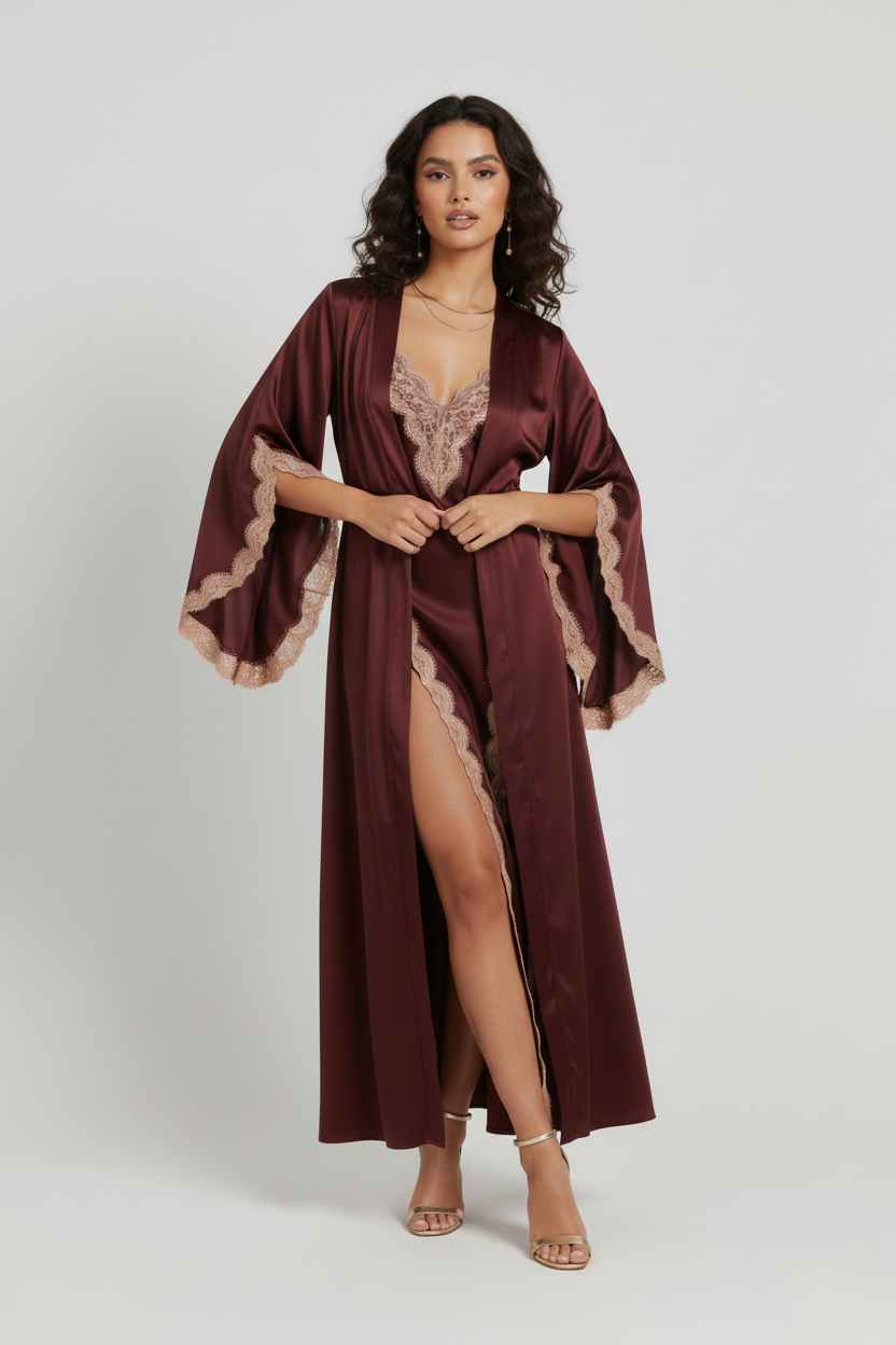 طقم روب وفستان حرير توت بدانتيل فاخر - Grade 6A | Luxury Silk Robe & Dress Set