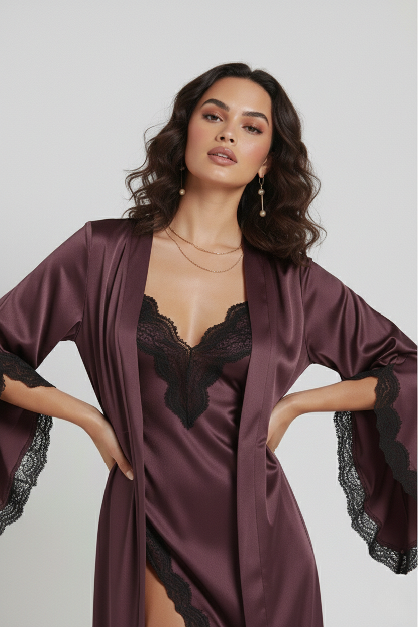 طقم روب وفستان حرير توت بدانتيل فاخر - Grade 6A | Luxury Silk Robe & Dress Set