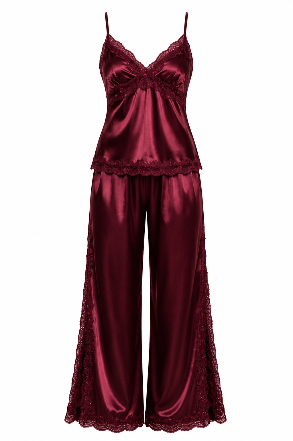 طقم بيجامة حرير توت بدانتيل فاخر - حمالات وبنطال Grade 6A | Silk Lace Cami & Pants Set