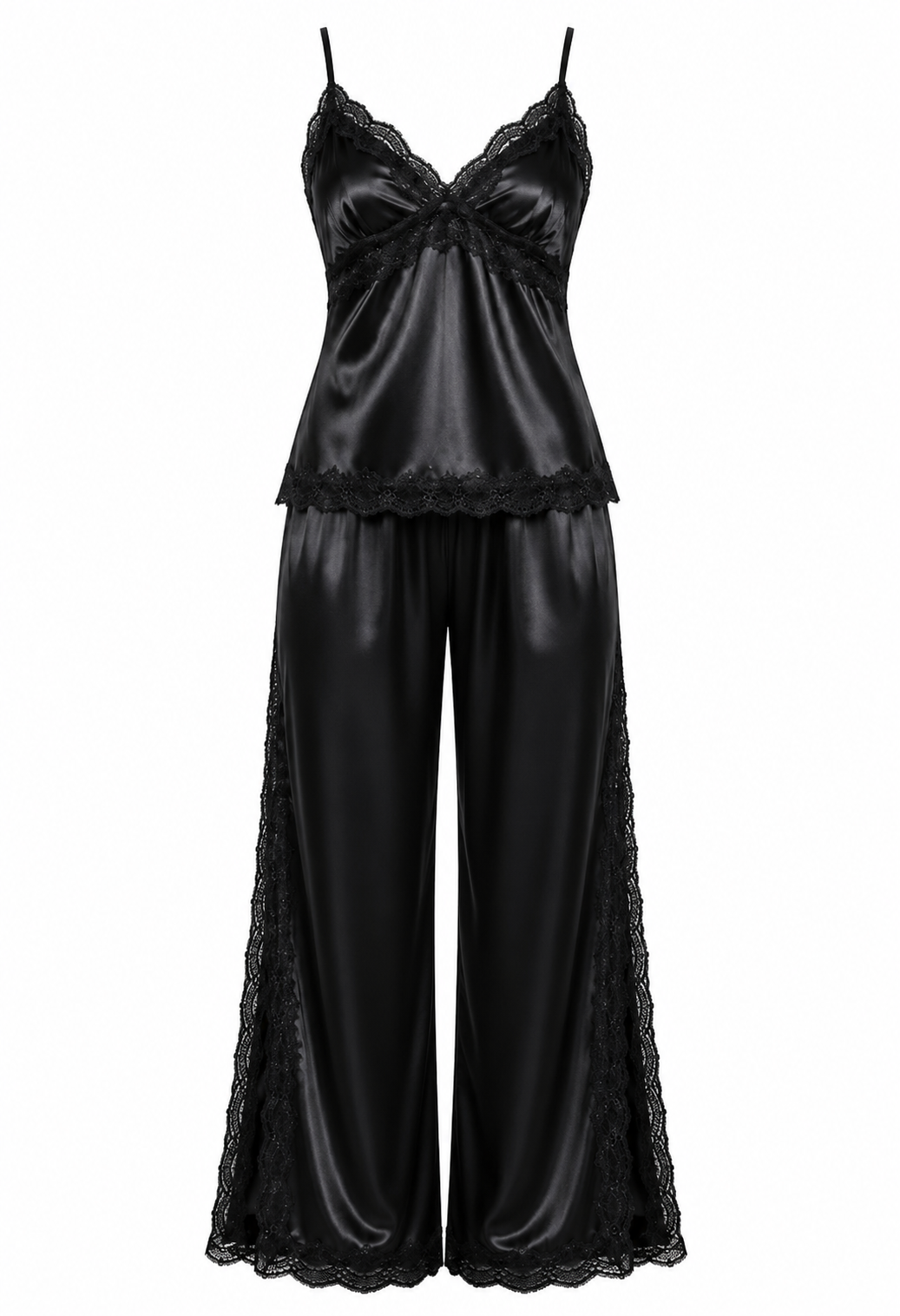 طقم بيجامة حرير توت بدانتيل فاخر - حمالات وبنطال Grade 6A | Silk Lace Cami & Pants Set