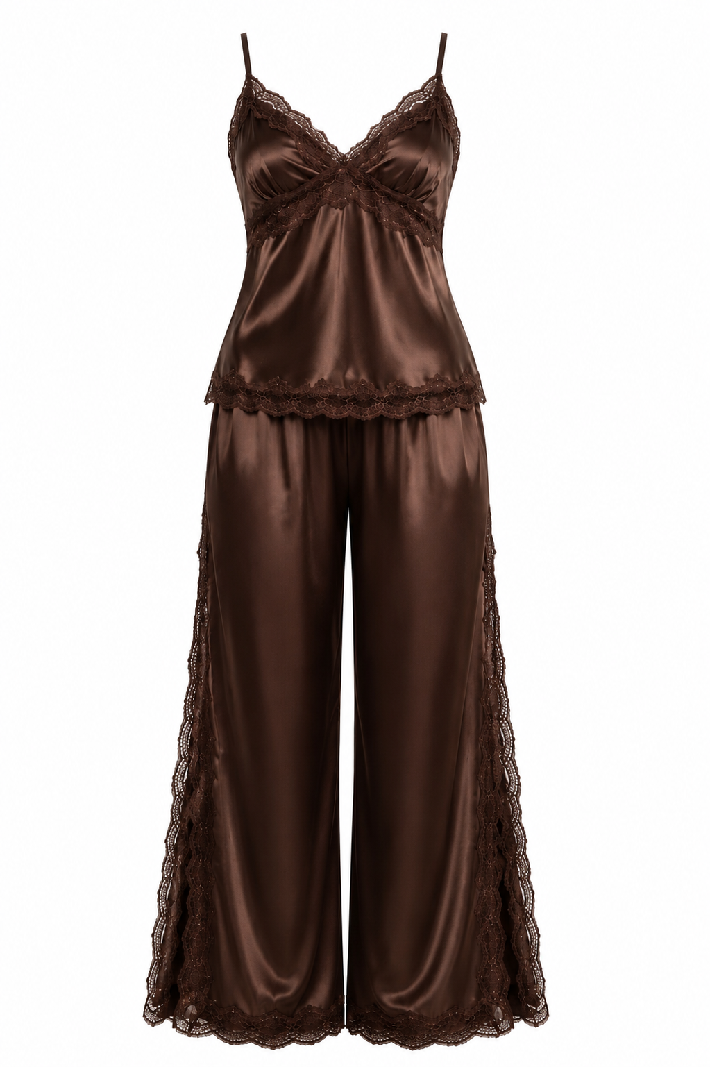 طقم بيجامة حرير توت بدانتيل فاخر - حمالات وبنطال Grade 6A | Silk Lace Cami & Pants Set