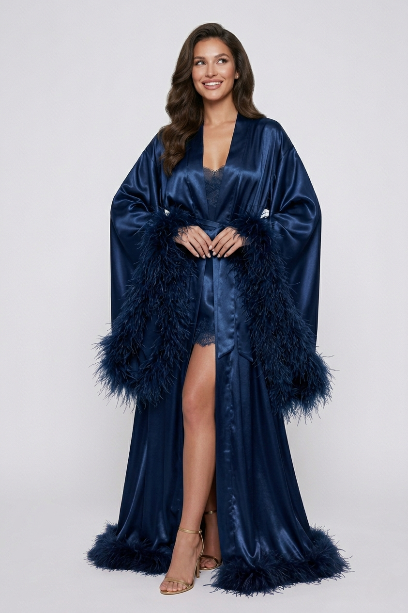 Luxury Mulberry Silk Robe and Dress Set with Feathers