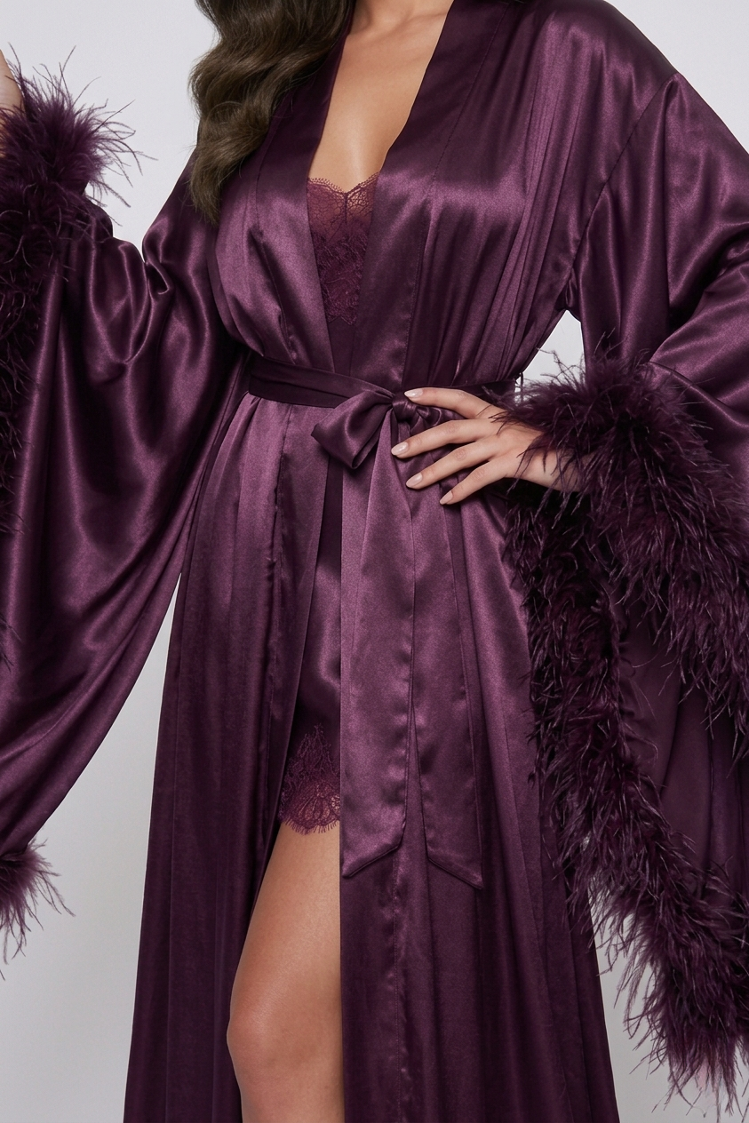 Luxury Mulberry Silk Robe and Dress Set with Feathers