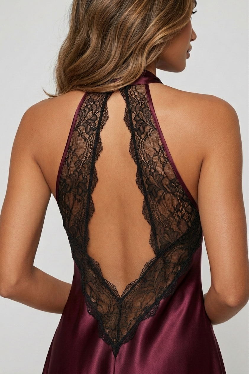 فستان حرير توت قصير بياقة هالتر ودانتيل فاخر - Grade 6A | Silk Halter Lace Mini Dress