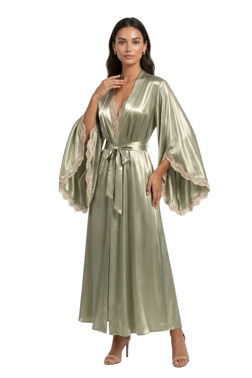 طقم روب وفستان حرير التوت بدانتيل فاخر - Grade 6A | Luxury Silk Robe & Dress Set