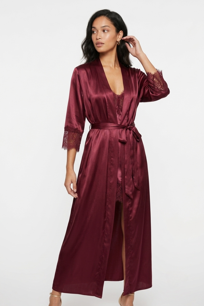 فستان نوم حرير توت مع روب دانتيل - Grade 6A | Silk Nightgown & Robe Set