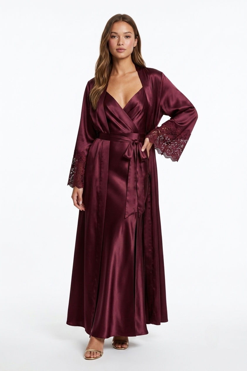 طقم فستان طويل مع روب دانتيل - حرير توت Grade 6A | Silk Dress & Robe Set